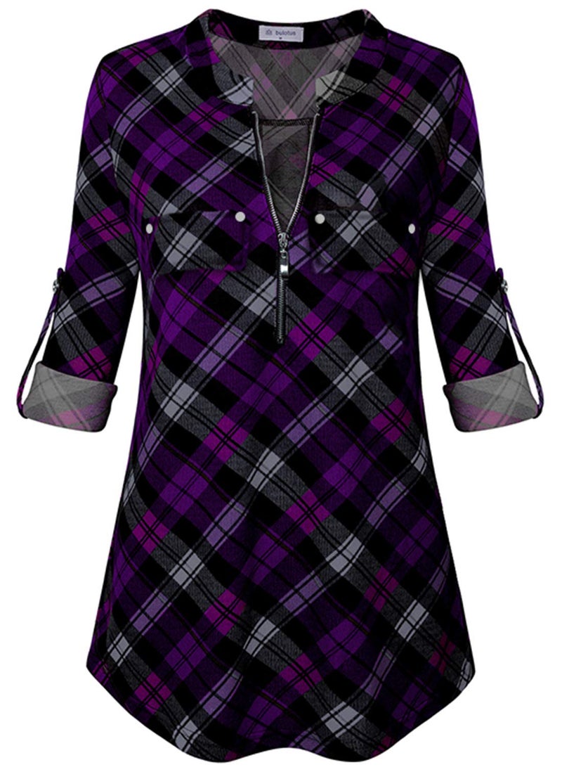 Bulotus Womens Tunics 3/4 Sleeve Plaid Shirts Plus Size Tunic, Black Purple Plaid, X-Large - Image 1